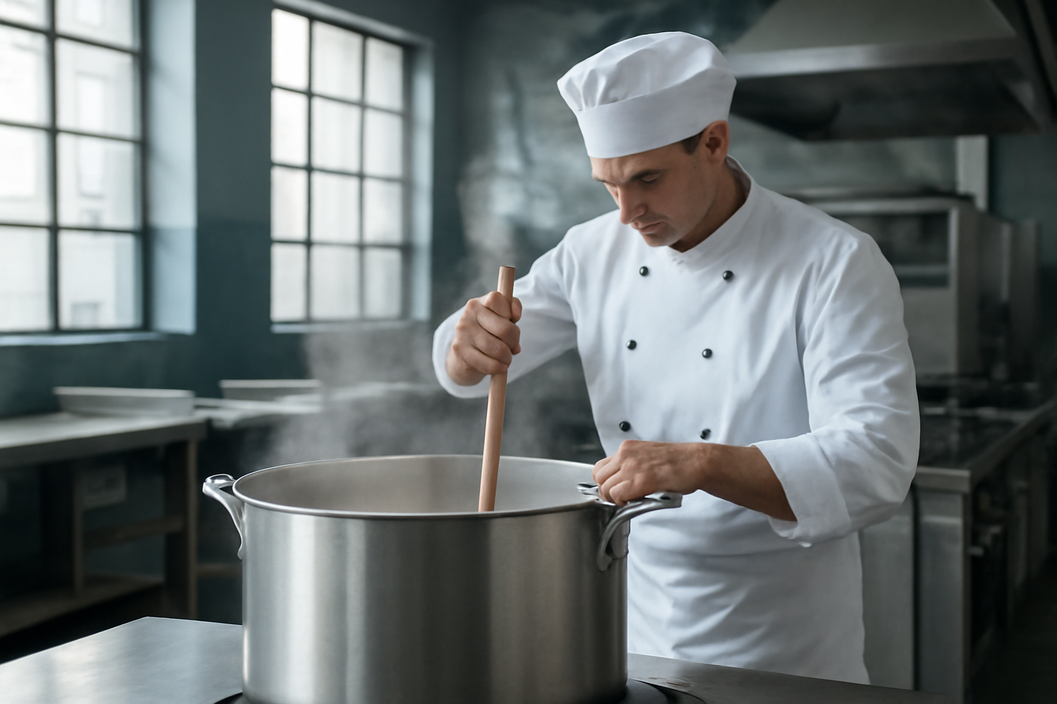 cozinhando em grande escala em um refeitório industrial, com panela de inox grande e cozinheiro de uniforme ajustando a preparação