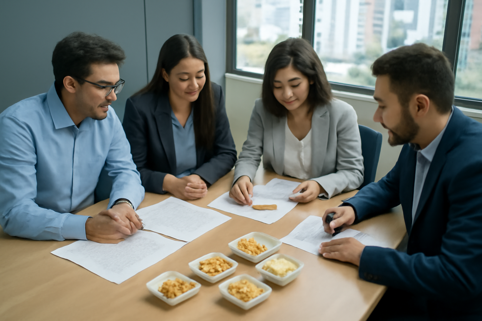Equipe de RH e compras em reunião de planejamento analisando planilhas e amostras de alimentos em escritório corporativo em Belém