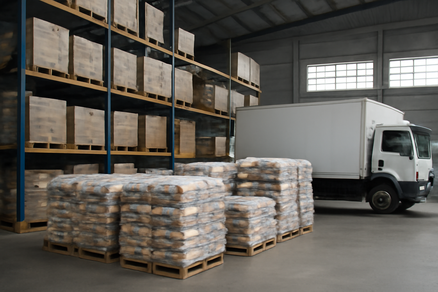 Galpão logístico organizado em Belém com caixas e paletes de cestas básicas prontas para carregamento em caminhão de entrega