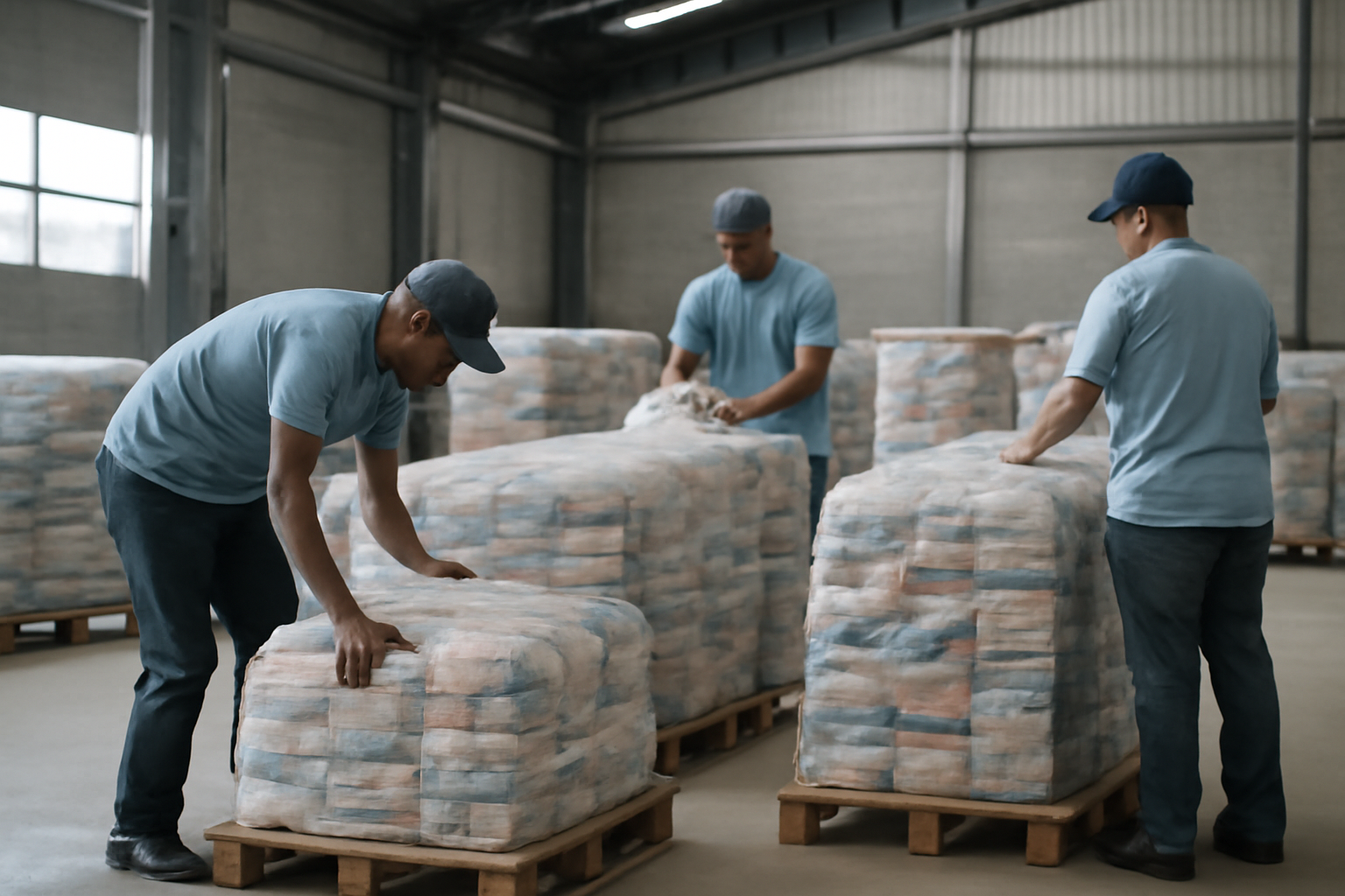 Funcionários de um galpão logístico organizando cestas básicas embaladas em plástico de alta resistência sobre paletes de madeira em Belém