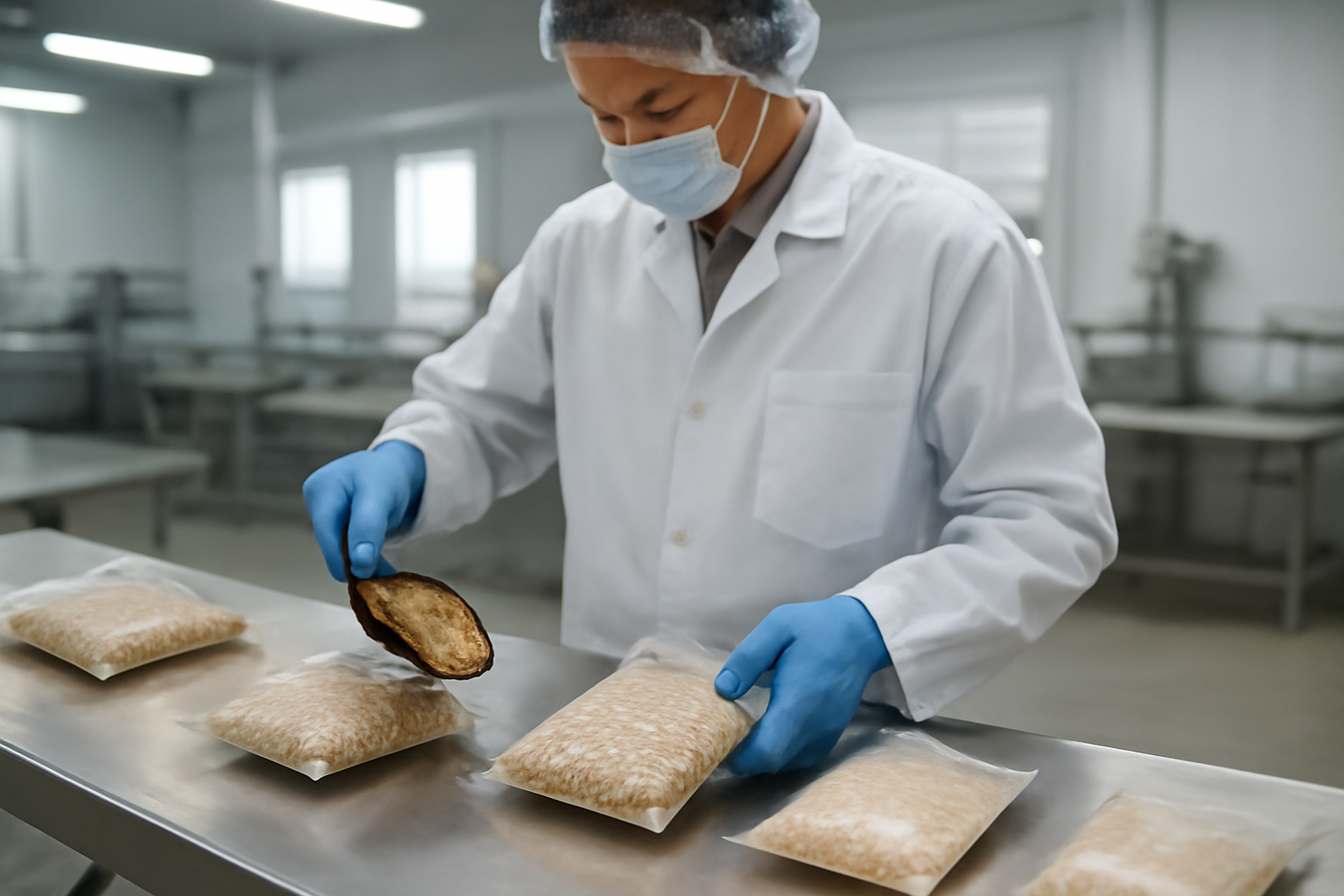 Inspeção visual de qualidade de grãos e pacotes de alimentos dentro de uma área de triagem limpa e iluminada