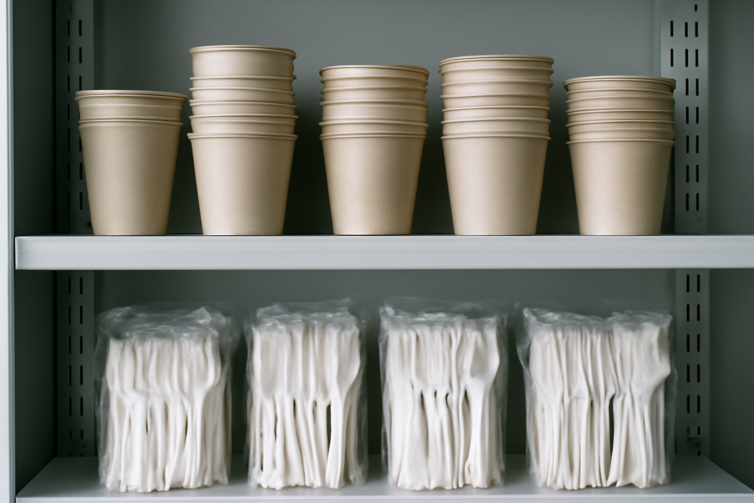 Pilha de copos biodegradáveis de papel e talheres de amido de milho organizados em prateleiras de estoque corporativo