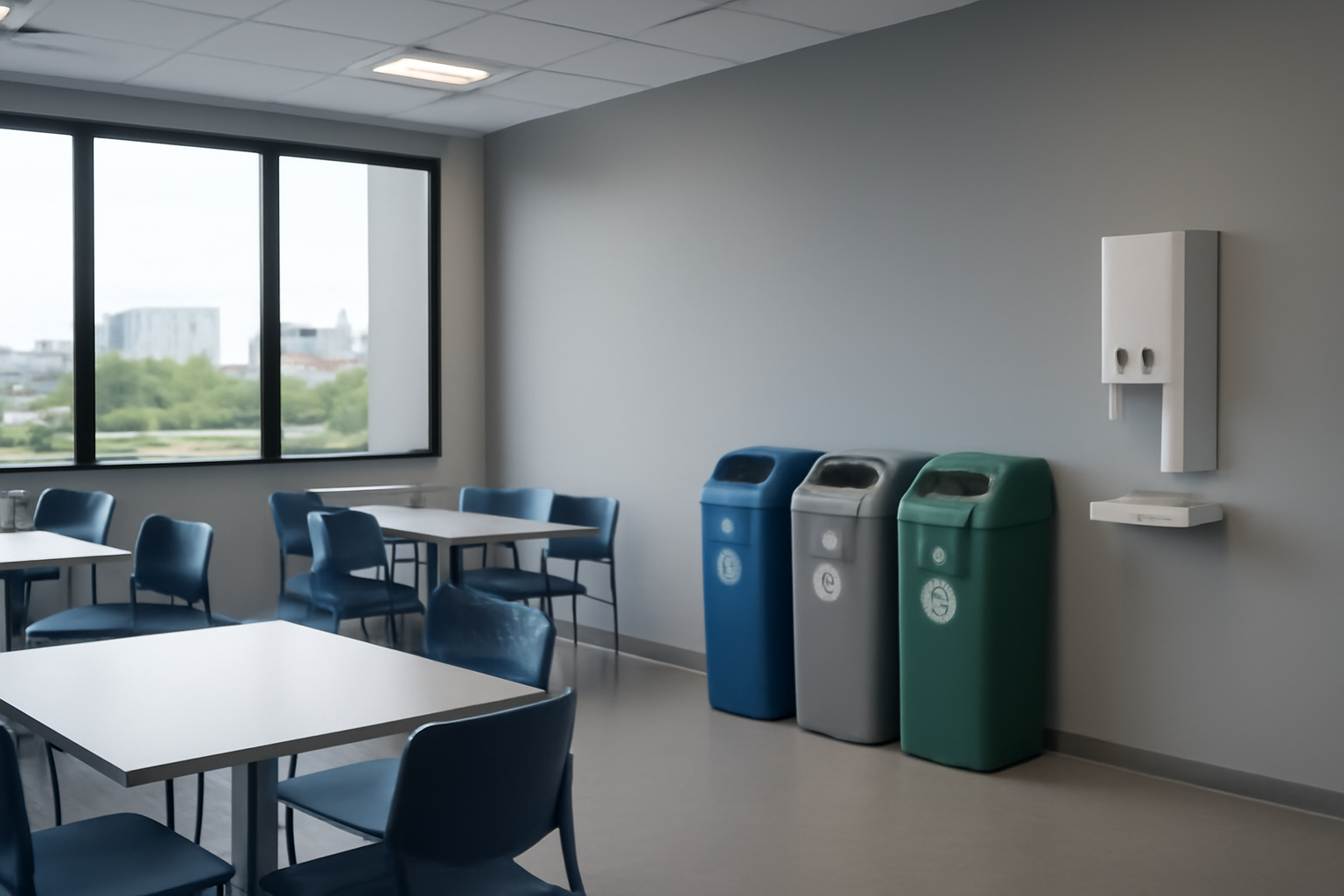 Refeitório de empresa moderna em Belém com lixeiras de coleta seletiva e dispensadores de copos de papel