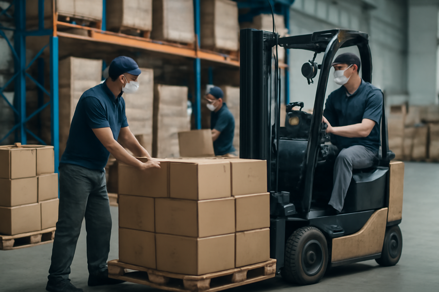 Equipe de logística em galpão de distribuidora organizando caixas de alimentos em paletes com empilhadeira.