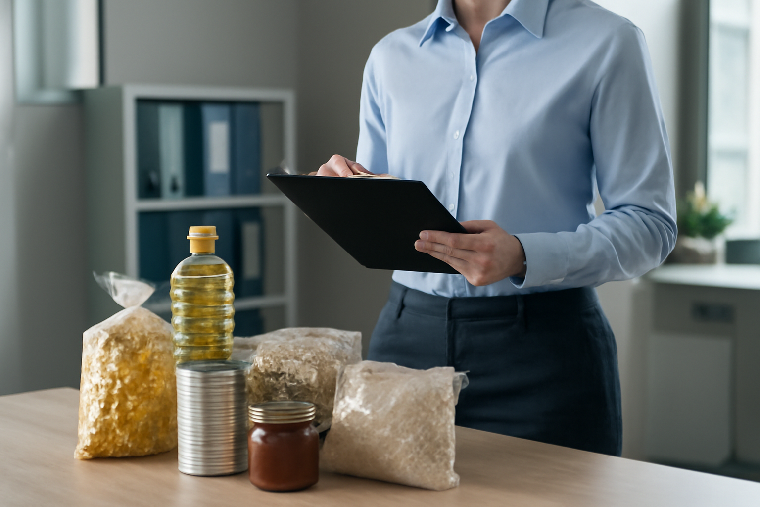 Profissional de suprimentos conferindo itens alimentícios recebidos com prancha de anotações em ambiente corporativo.