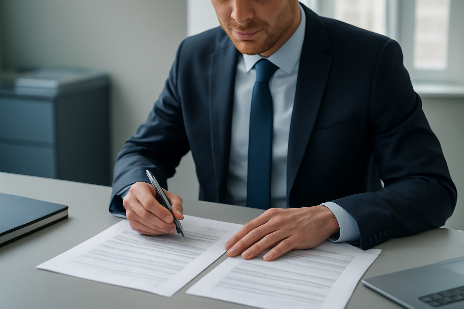 Servidor público analisando documentos de edital e especificações técnicas de produtos sobre uma mesa de escritório.