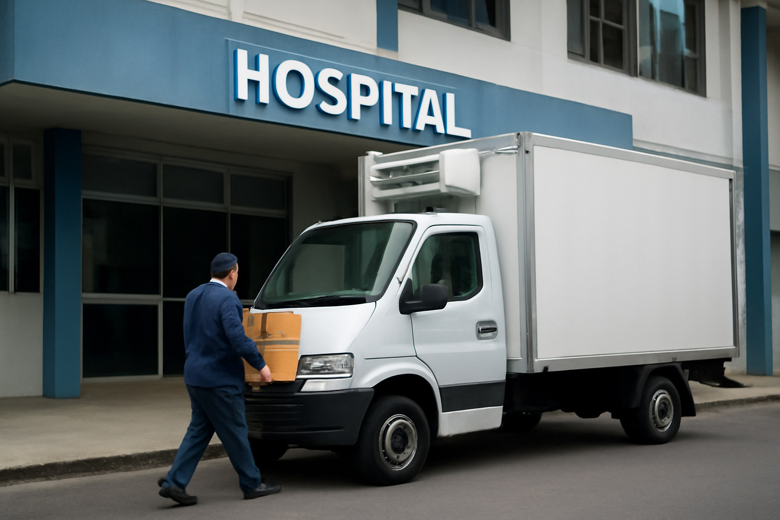 caminhão baú refrigerado realizando a entrega de caixas de alimentos em um hospital em Belém
