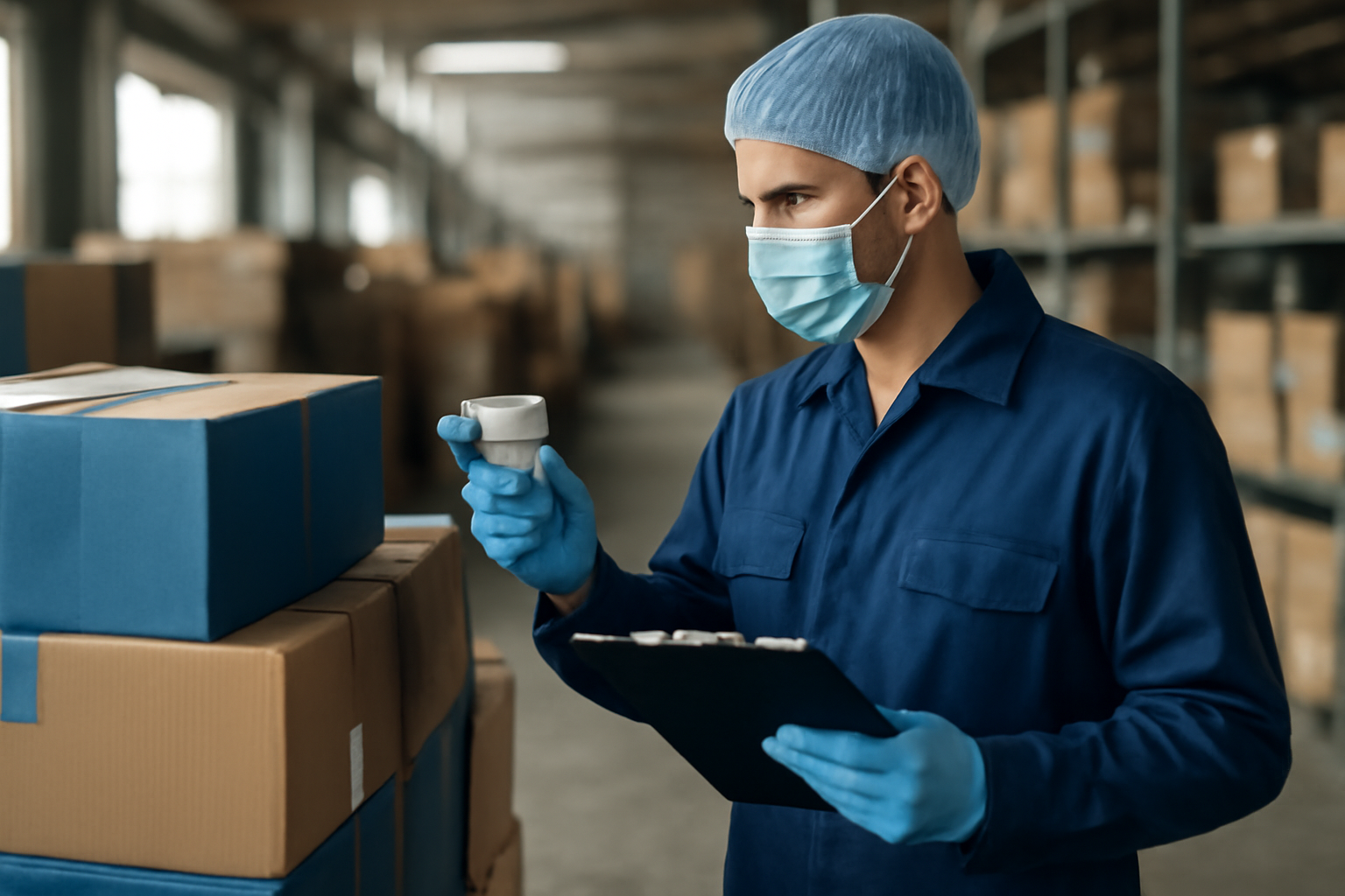 inspetor de qualidade de uniforme e prancheta conferindo a temperatura e documentação de caixas de alimentos em um galpão logístico hospitalar