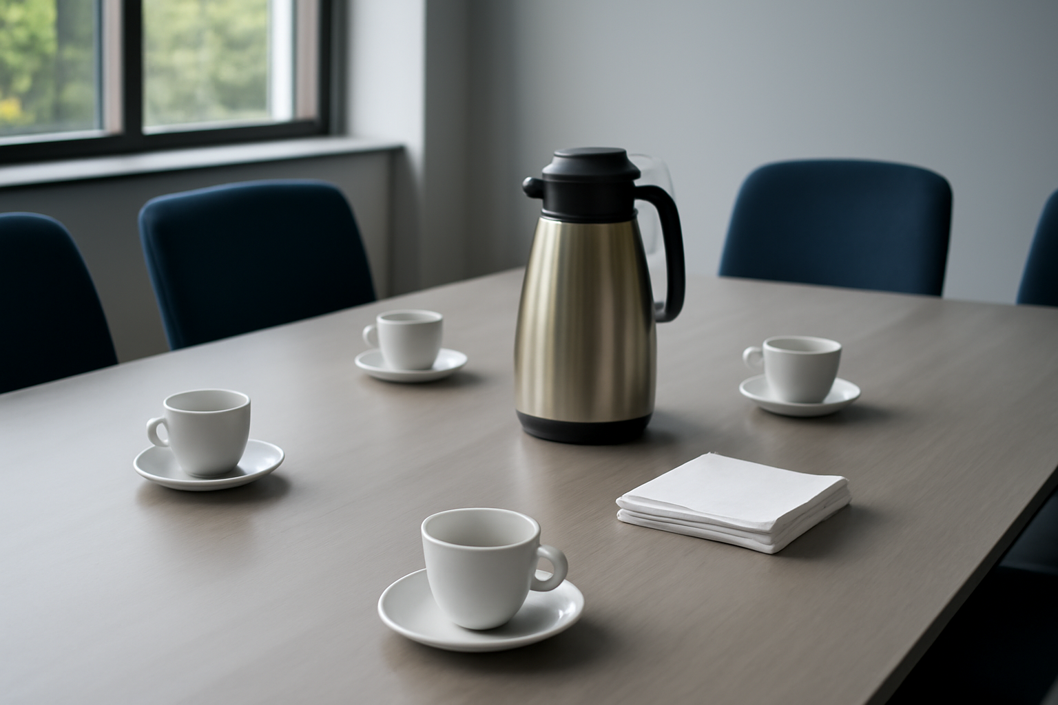 mesa de reunião corporativa em escritório com xícaras de café, garrafa térmica de inox e guardanapos dispostos de forma organizada