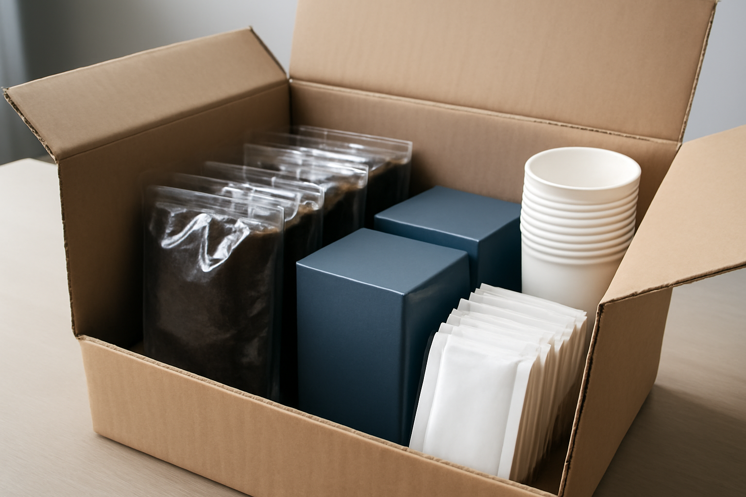 caixa de papelão reforçada aberta mostrando pacotes de café a vácuo, caixas de chá, sachês de açúcar e copos descartáveis organizados para entrega corporativa