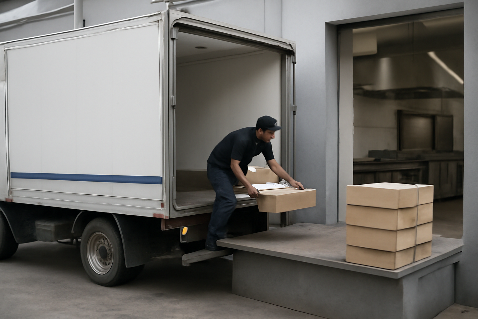 caminhão refrigerado realizando o descarregamento de caixas de carne em doca de recebimento de cozinha industrial