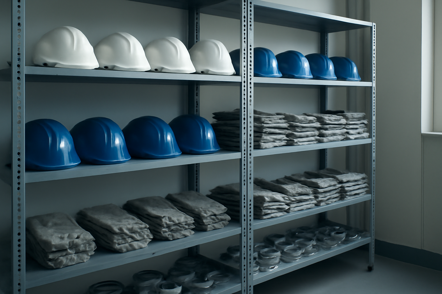 Almoxarifado industrial organizado com prateleiras contendo capacetes de proteção, luvas de raspa e óculos de segurança devidamente catalogados.