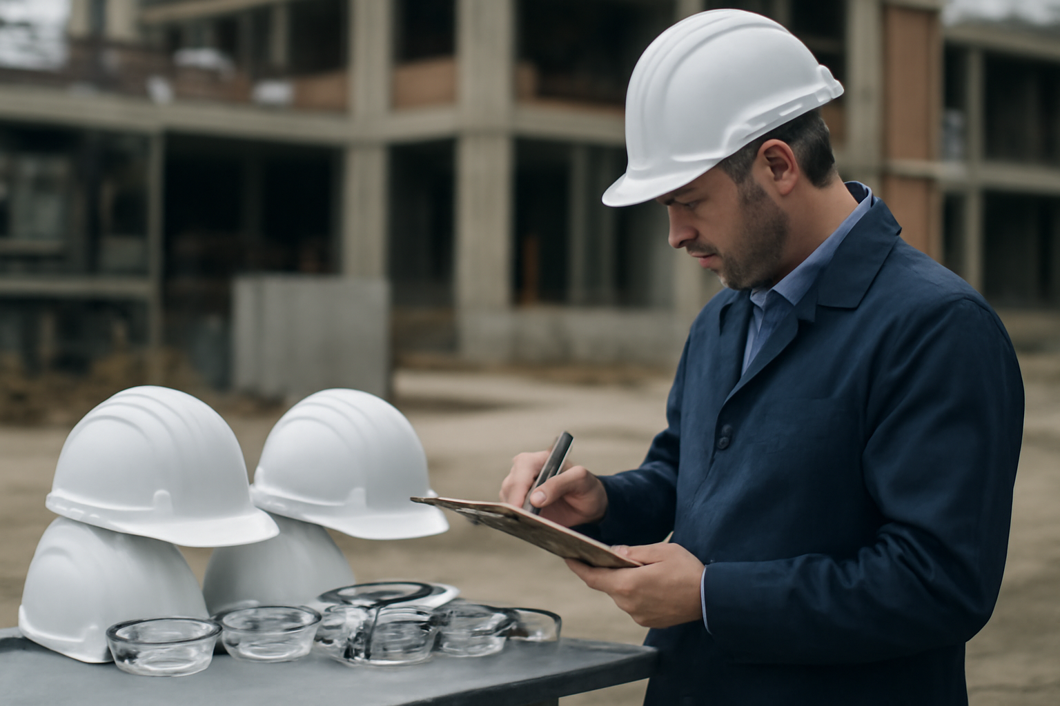 Técnico de segurança do trabalho conferindo lote de capacetes e óculos de proteção com uma prancheta em canteiro de obras.