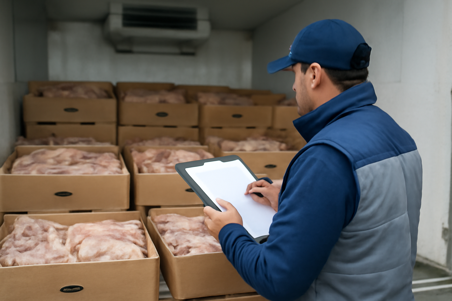 Funcionário de colete térmico e prancha de checagem inspecionando caixas de carne congelada dentro de um caminhão refrigerado em Belém