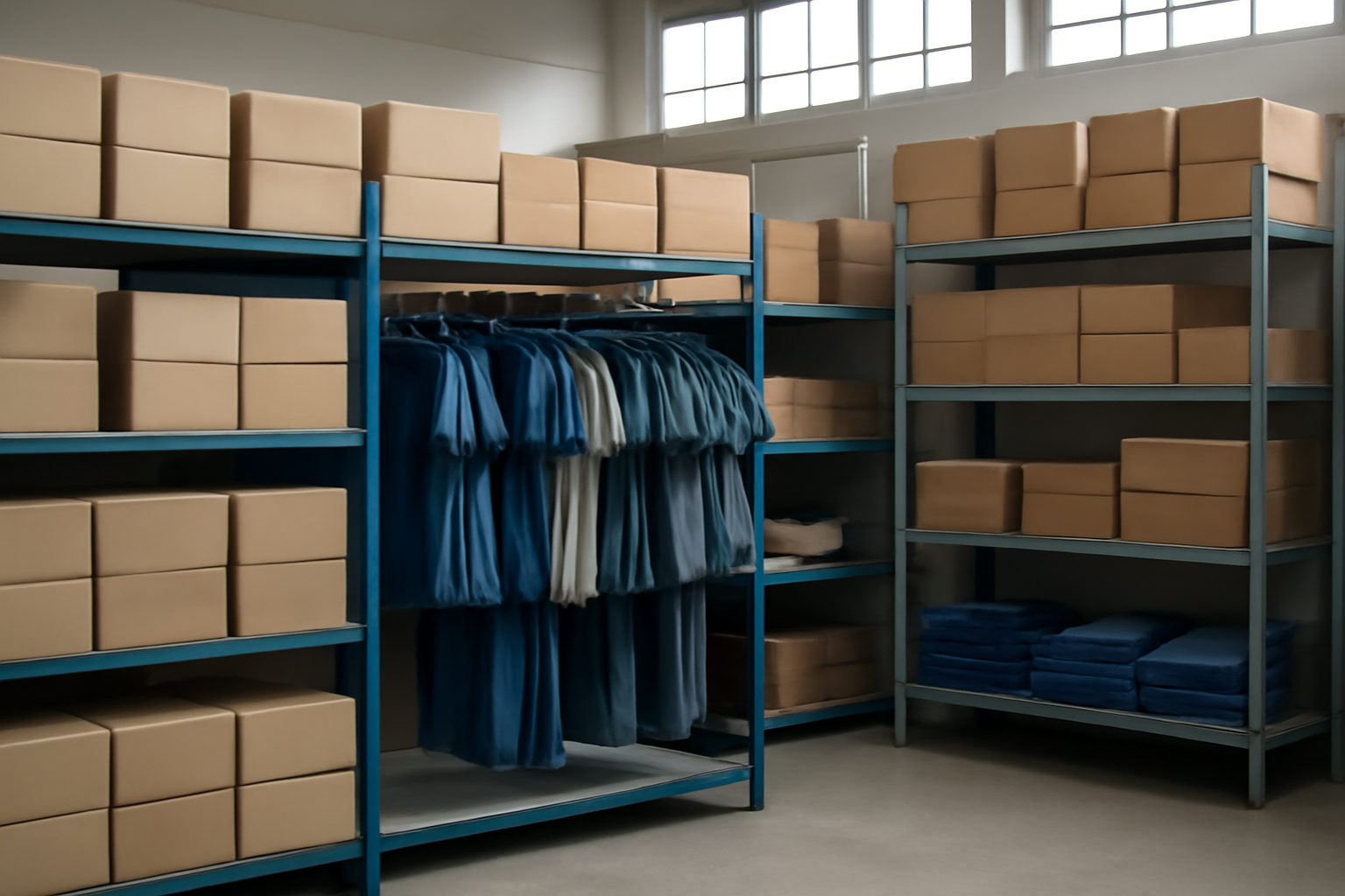 Armazém corporativo com prateleiras organizadas contendo caixas e conjuntos de uniformes profissionais prontos para distribuição.