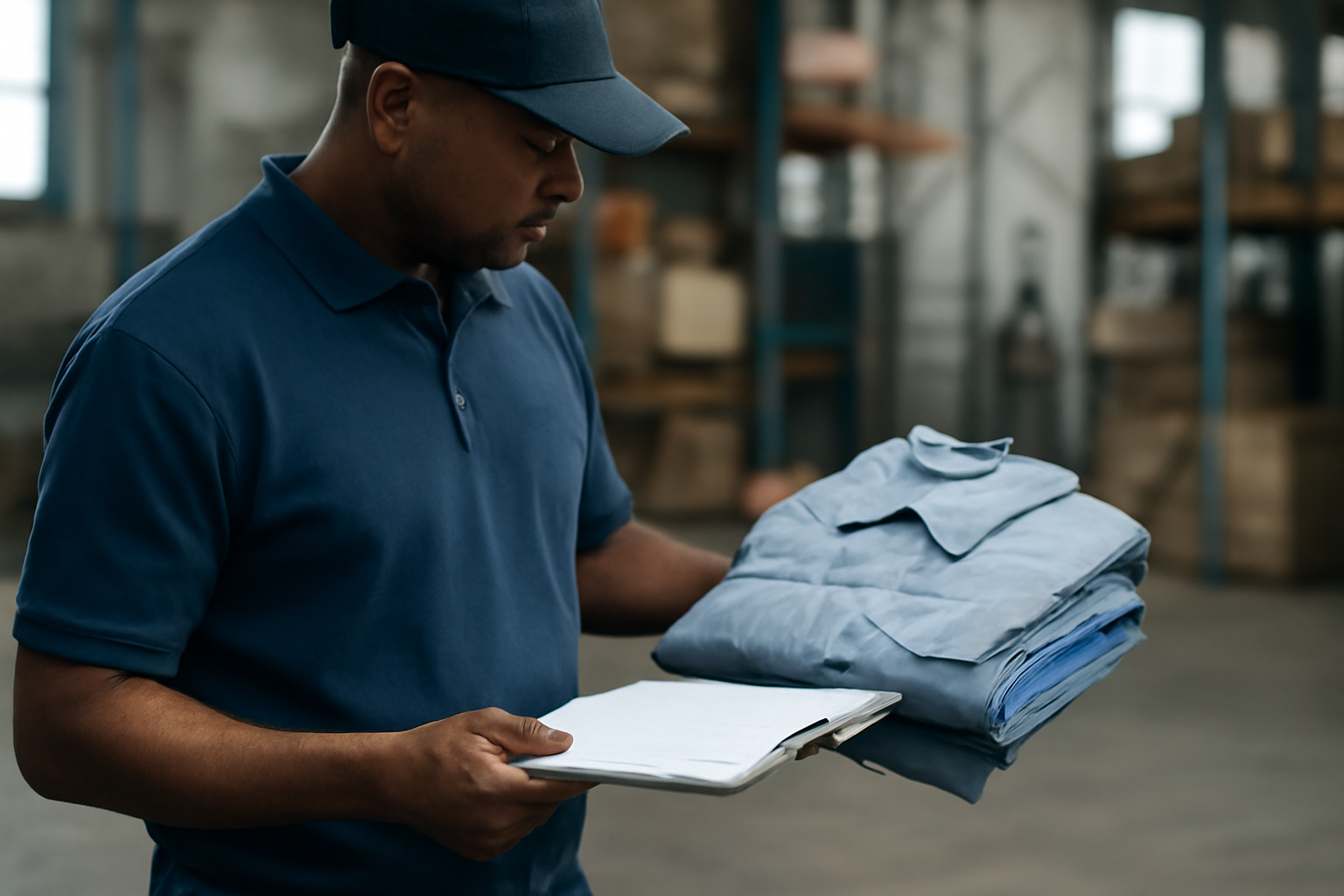 Profissional de suprimentos conferindo itens de uniformes e lista de entrega em ambiente industrial em Belém.