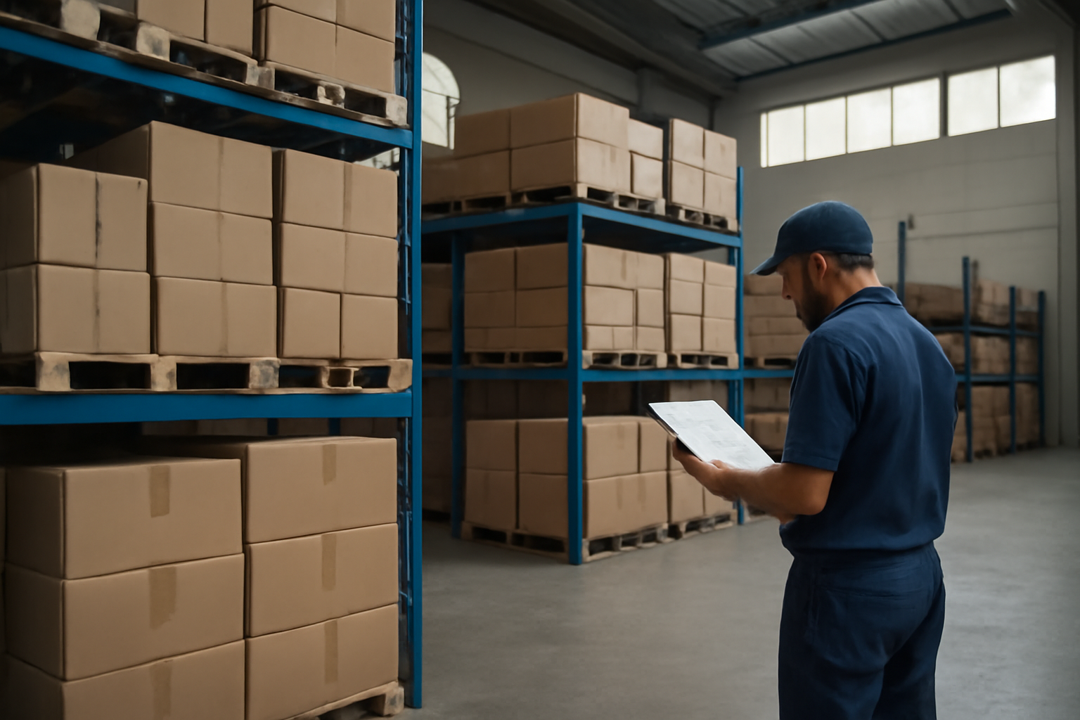 Galpão de distribuição logística limpo e organizado em Belém com caixas de suprimentos empilhadas em porta-paletes e funcionário de uniforme conferindo nota fiscal