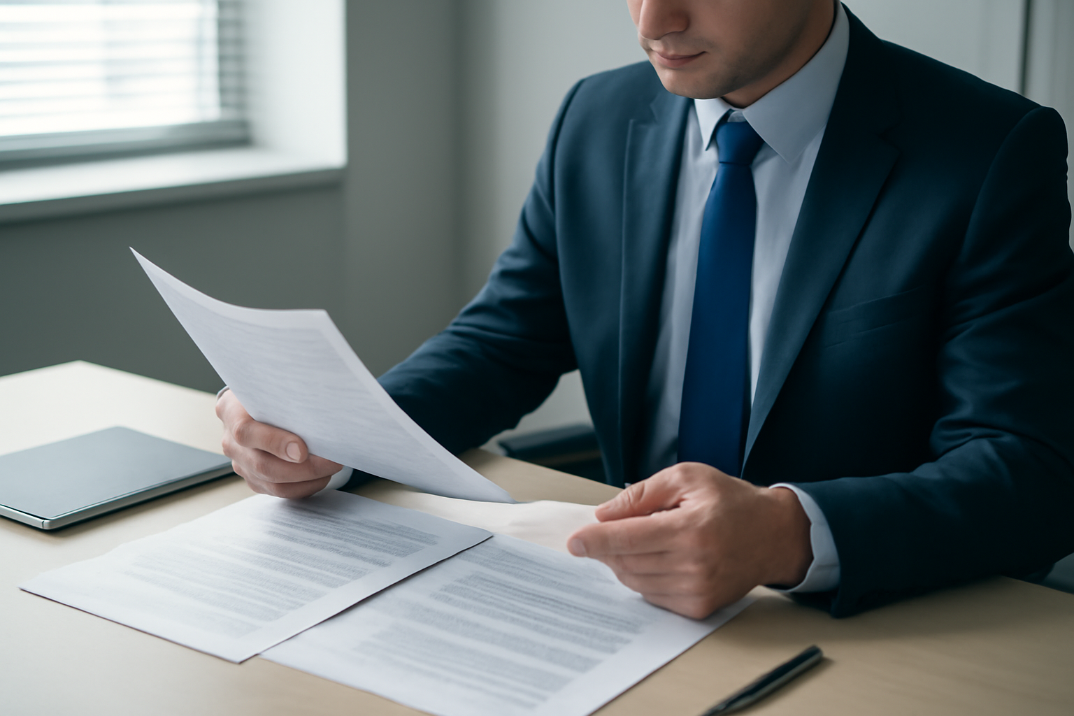 Gestor de compras de uniforme corporativo analisando documentos de qualificação técnica e licenças fiscais em uma mesa de escritório iluminada