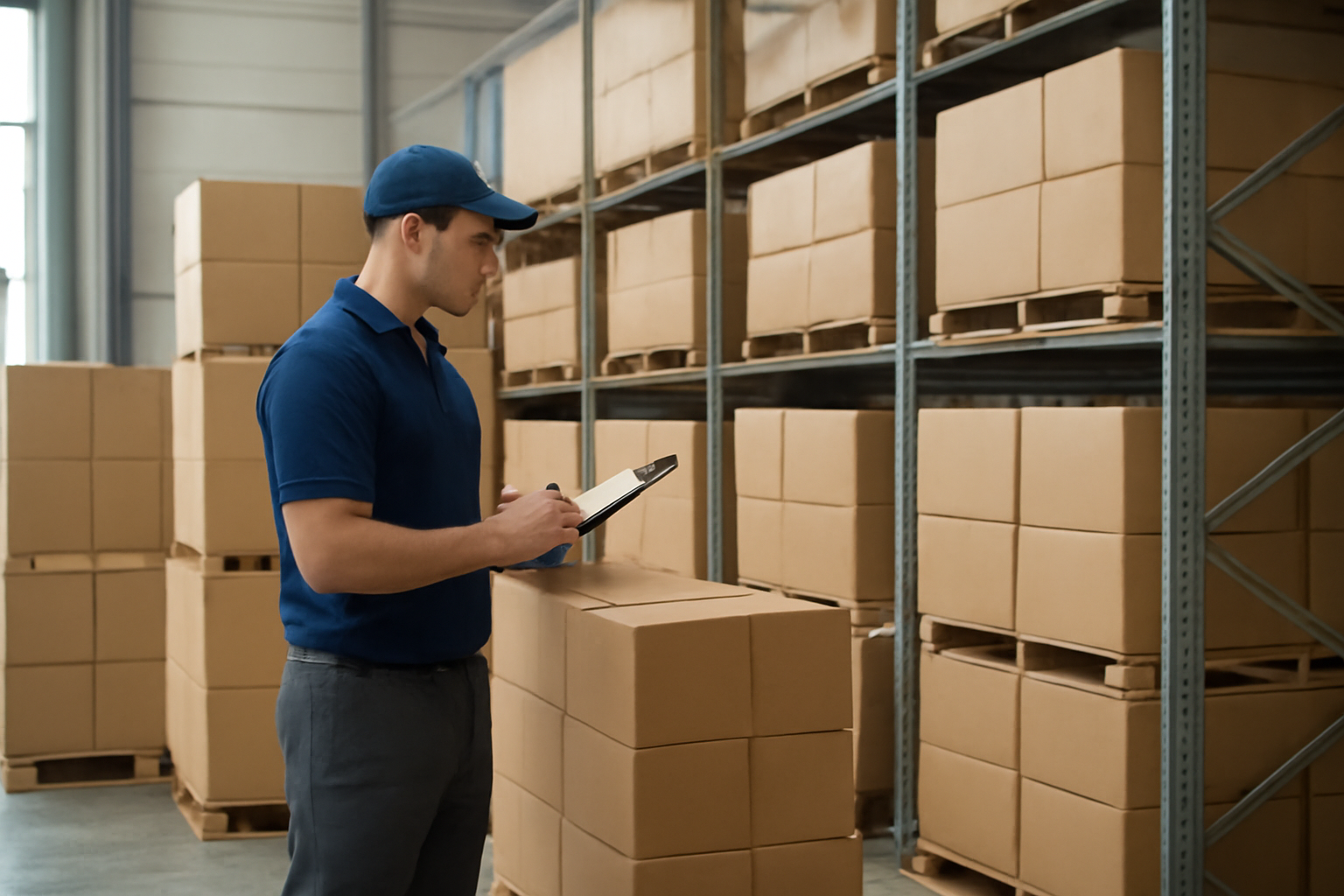 Galpão de distribuição logístico com caixas de alimentos secos estocadas em paletes e profissional de uniforme fazendo a conferência com prancheta