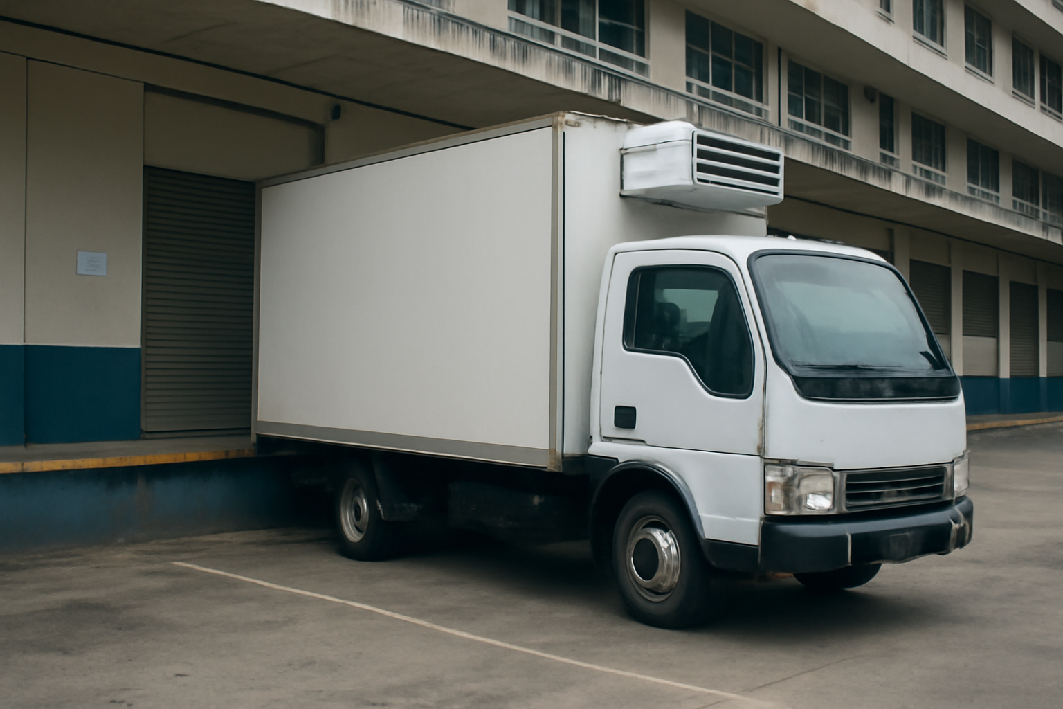 Caminhão refrigerado de entregas estacionado na área de descarga de uma instituição pública em Belém