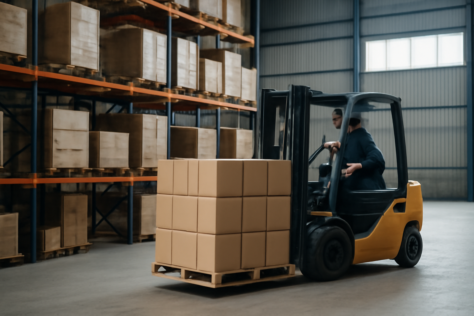 Galpão logístico de distribuição com caixas organizadas em porta-paletes e empilhadeira em operação