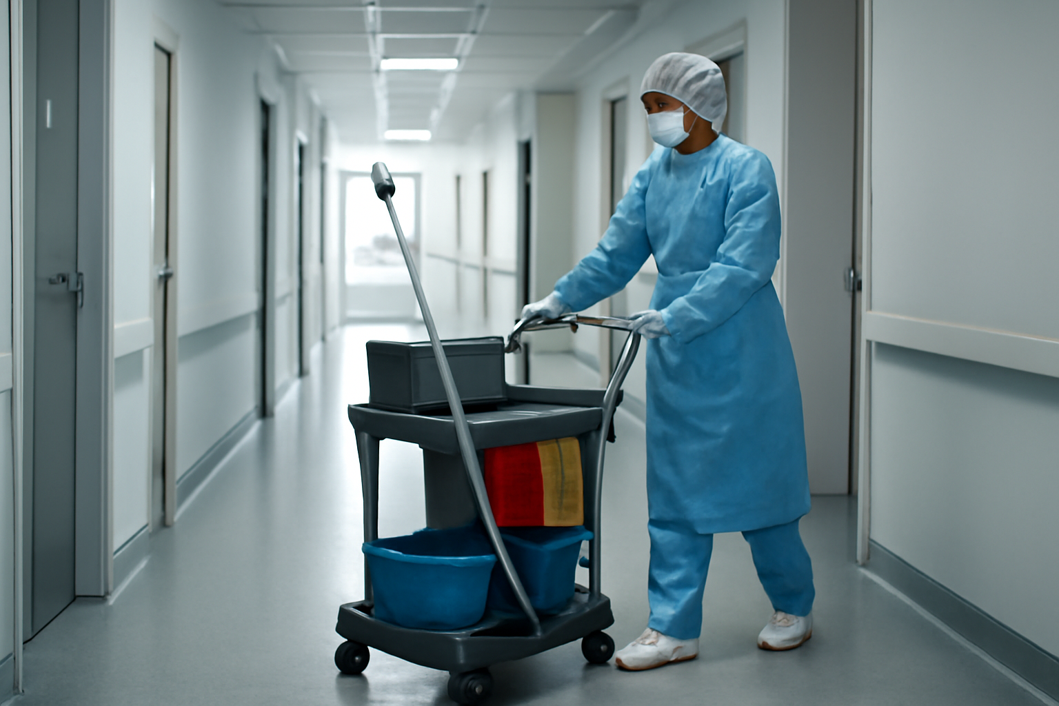 Profissional de higienização hospitalar vestindo EPIs e utilizando carrinho funcional com MOP e panos codificados por cor em um corredor hospitalar.