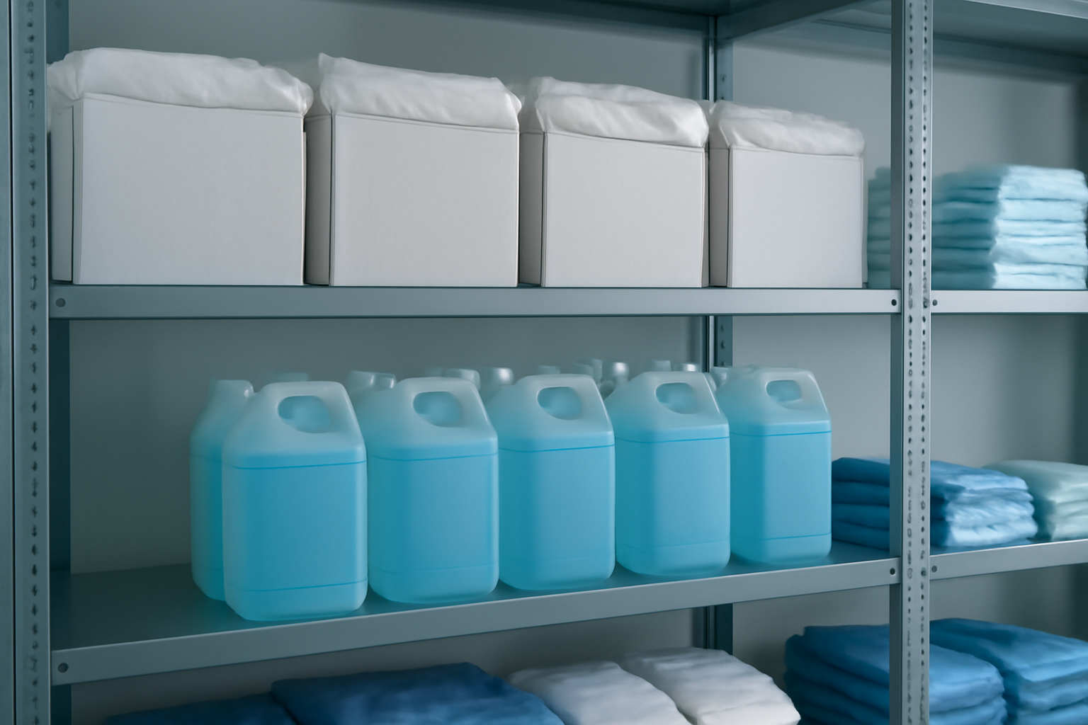 Estoque organizado de insumos hospitalares com caixas de sacos brancos infectantes, galões de desinfetante hospitalar e EPIs dispostos em prateleiras industriais.