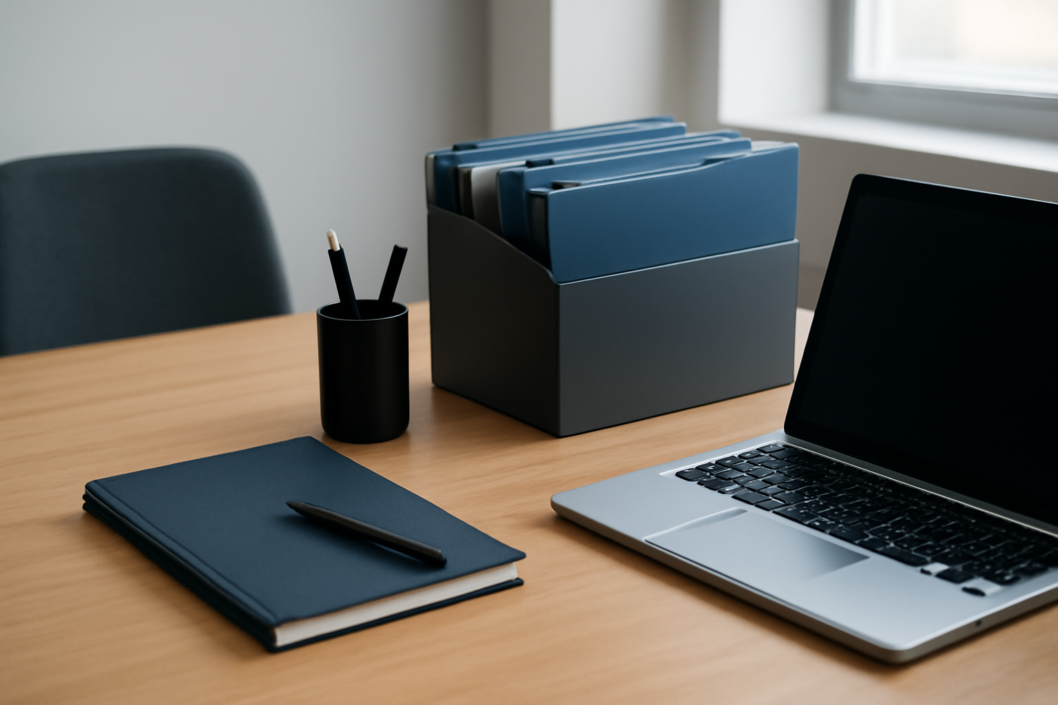 mesa de escritório corporativo organizada com bloco de notas, canetas, pastas suspensas e notebook em ambiente iluminado