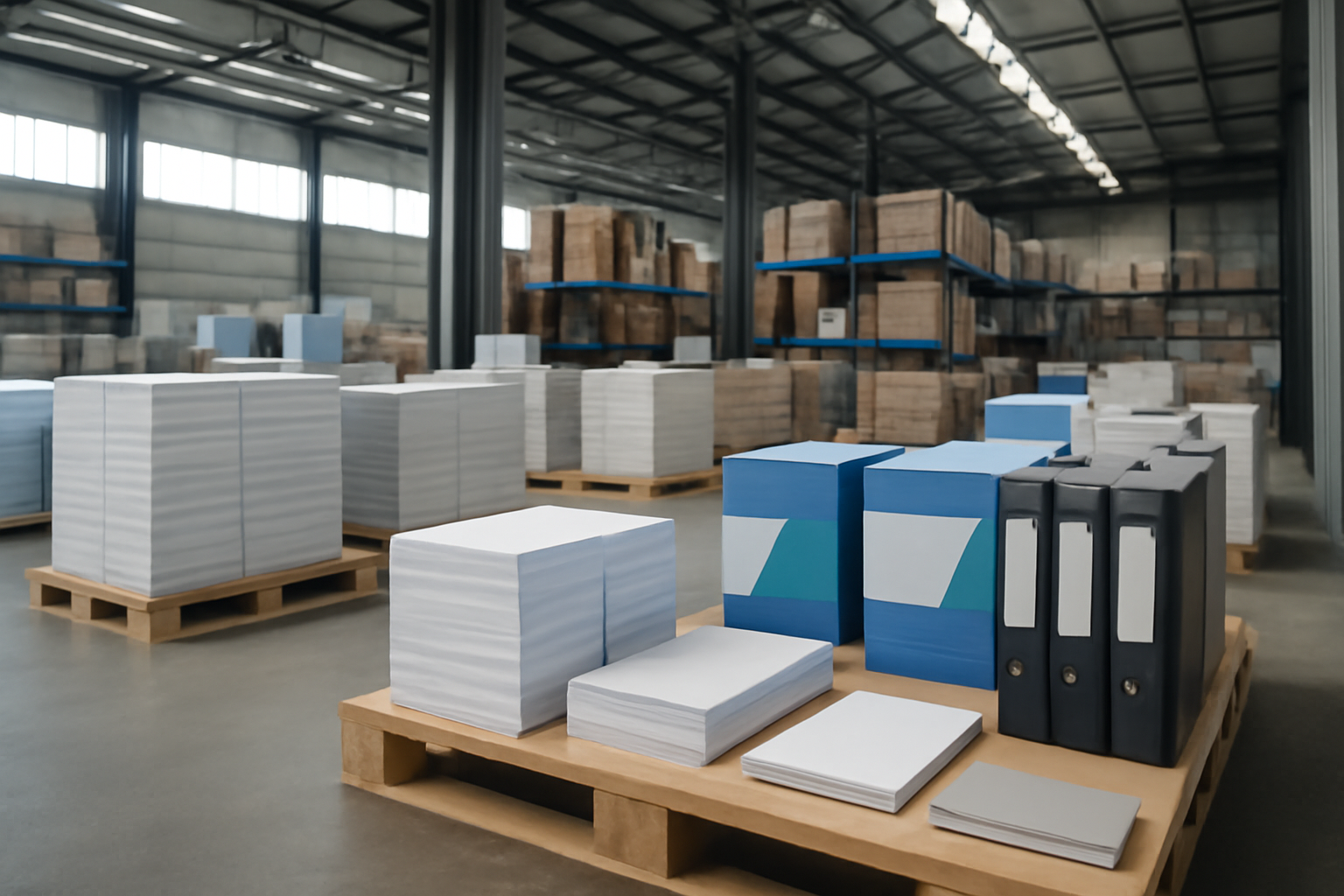 Galpão logístico de grande porte com paletes organizados de papel A4 e materiais de escritório prontos para expedição